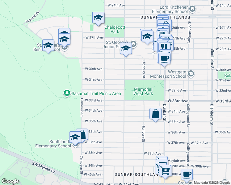 map of restaurants, bars, coffee shops, grocery stores, and more near 3942 West 32nd Avenue in Vancouver