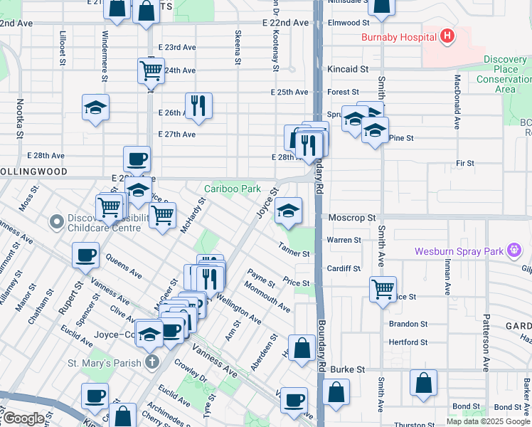 map of restaurants, bars, coffee shops, grocery stores, and more near 4608 Joyce Street in Vancouver