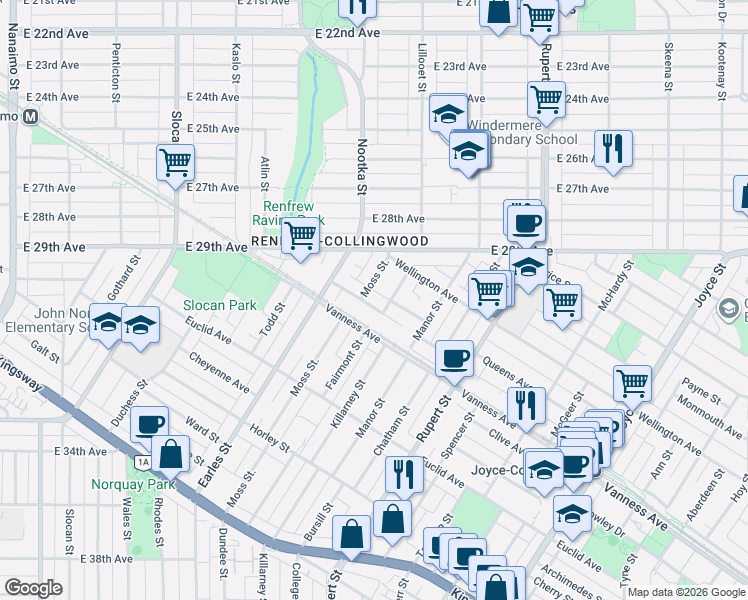 map of restaurants, bars, coffee shops, grocery stores, and more near 3065 Kings Avenue in Vancouver