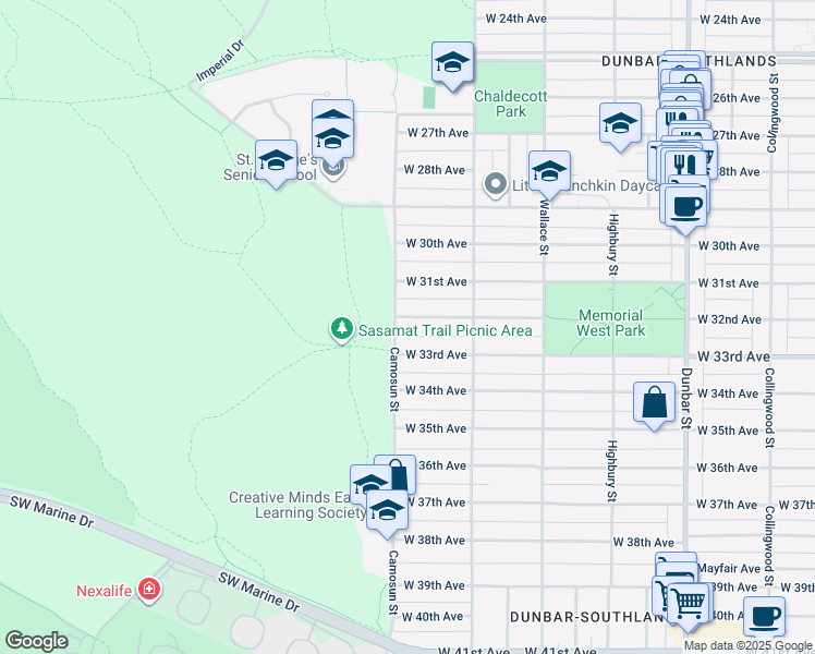 map of restaurants, bars, coffee shops, grocery stores, and more near 4084 West 32nd Avenue in Vancouver