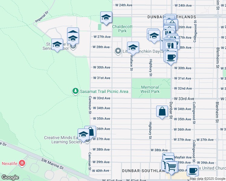 map of restaurants, bars, coffee shops, grocery stores, and more near 3998 West 32nd Avenue in Vancouver