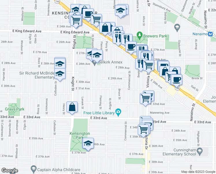 map of restaurants, bars, coffee shops, grocery stores, and more near 1671 East 31st Avenue in Vancouver