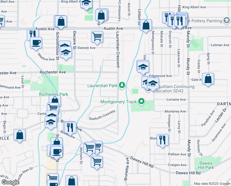 map of restaurants, bars, coffee shops, grocery stores, and more near 378 Laurentian Crescent in Coquitlam