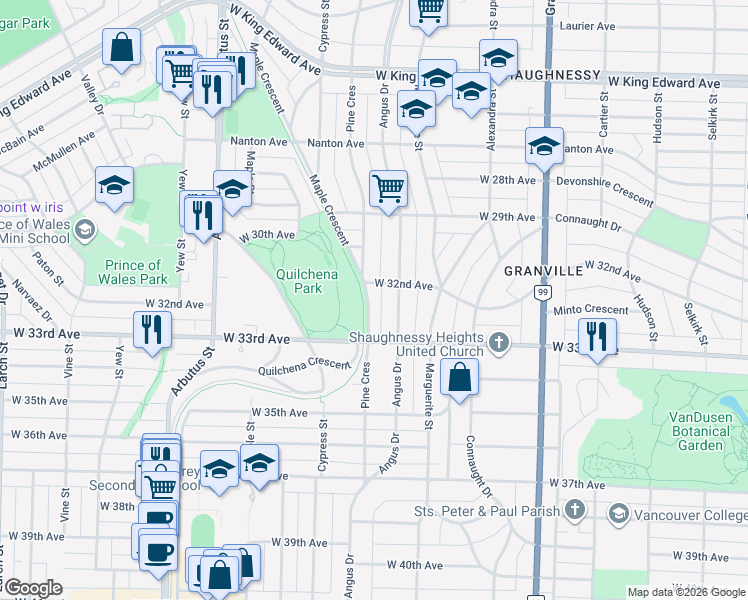 map of restaurants, bars, coffee shops, grocery stores, and more near 4750 Pine Crescent in Vancouver
