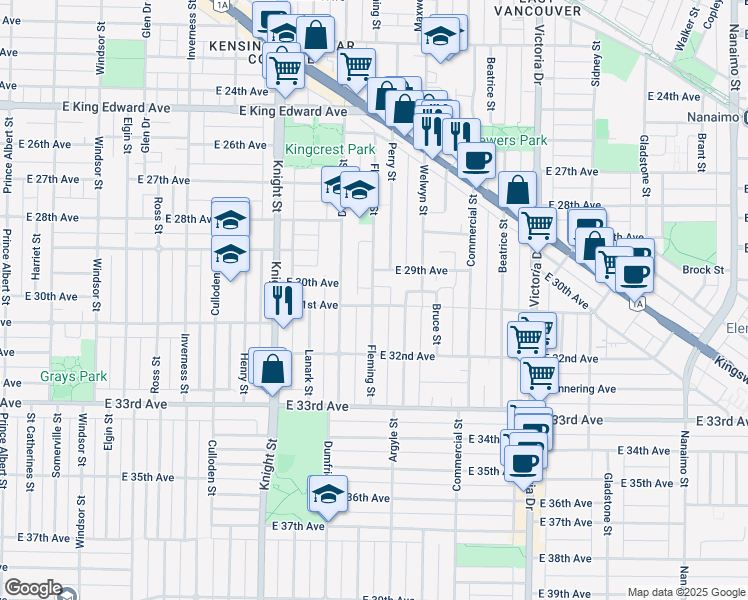 map of restaurants, bars, coffee shops, grocery stores, and more near 1607 East 31st Avenue in Vancouver