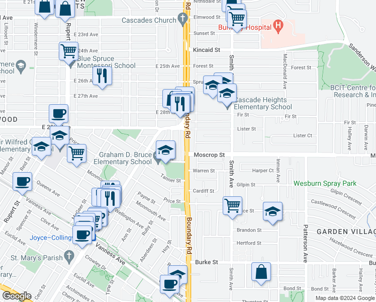 map of restaurants, bars, coffee shops, grocery stores, and more near Boundary Road in Metro Vancouver
