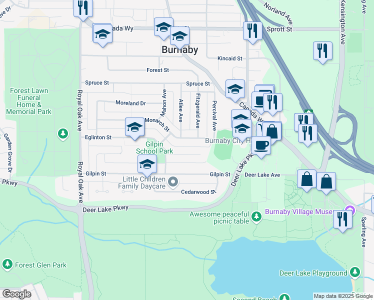 map of restaurants, bars, coffee shops, grocery stores, and more near 5723 Eglinton Street in Burnaby