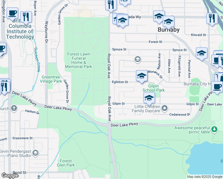 map of restaurants, bars, coffee shops, grocery stores, and more near 4638 Royal Oak Avenue in Burnaby