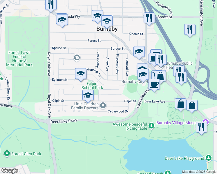 map of restaurants, bars, coffee shops, grocery stores, and more near 5713 Eglinton Street in Burnaby