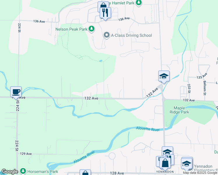 map of restaurants, bars, coffee shops, grocery stores, and more near 22909 132 Avenue in Maple Ridge
