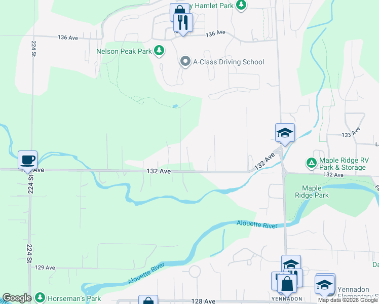 map of restaurants, bars, coffee shops, grocery stores, and more near 22909 132 Avenue in Maple Ridge