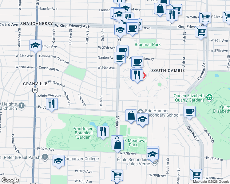 map of restaurants, bars, coffee shops, grocery stores, and more near in Vancouver