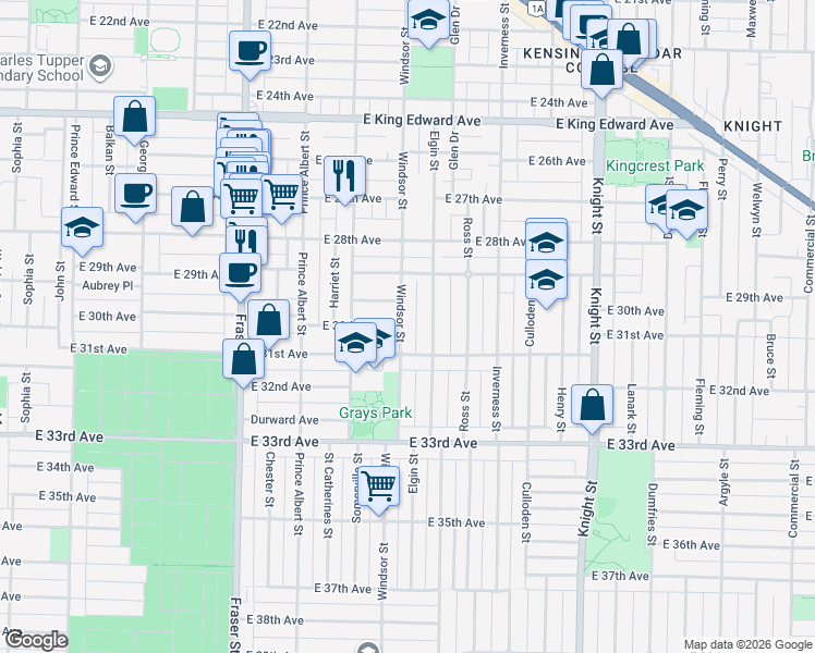 map of restaurants, bars, coffee shops, grocery stores, and more near 4602 Windsor Street in Vancouver
