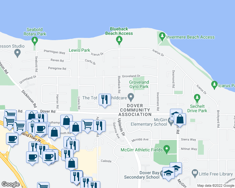 map of restaurants, bars, coffee shops, grocery stores, and more near 6249 Blueback Road in Nanaimo