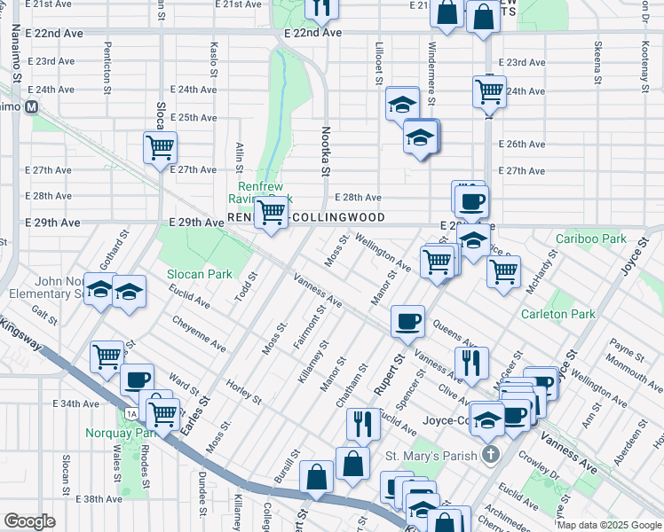 map of restaurants, bars, coffee shops, grocery stores, and more near 3053 Kings Avenue in Vancouver