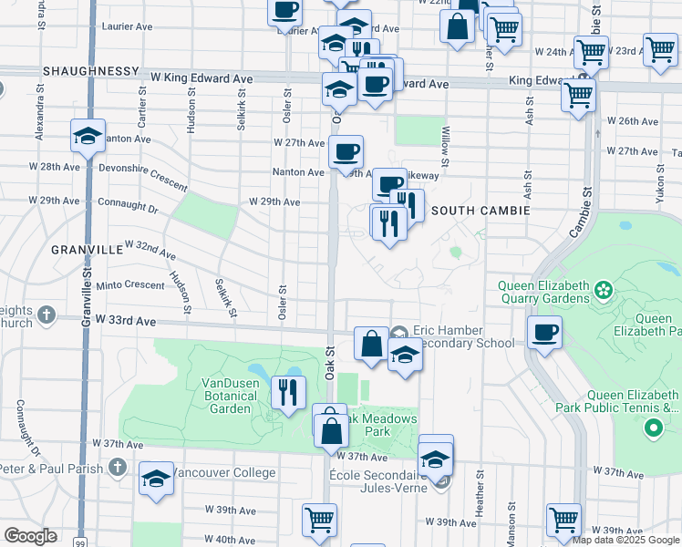 map of restaurants, bars, coffee shops, grocery stores, and more near 4750 Oak Street in Vancouver