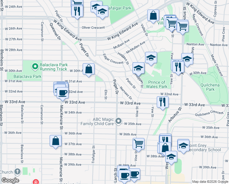 map of restaurants, bars, coffee shops, grocery stores, and more near 4807 Puget Drive in Vancouver