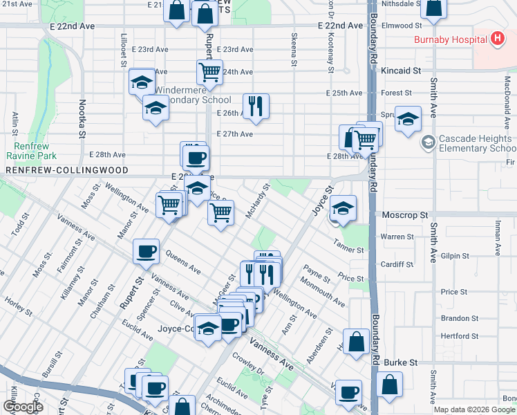 map of restaurants, bars, coffee shops, grocery stores, and more near 4650 McHardy Street in Vancouver