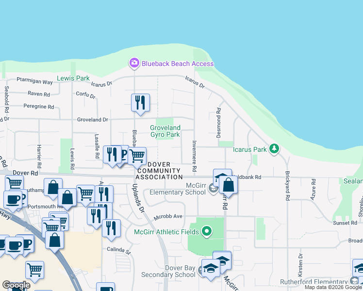 map of restaurants, bars, coffee shops, grocery stores, and more near Olympia Way in Nanaimo