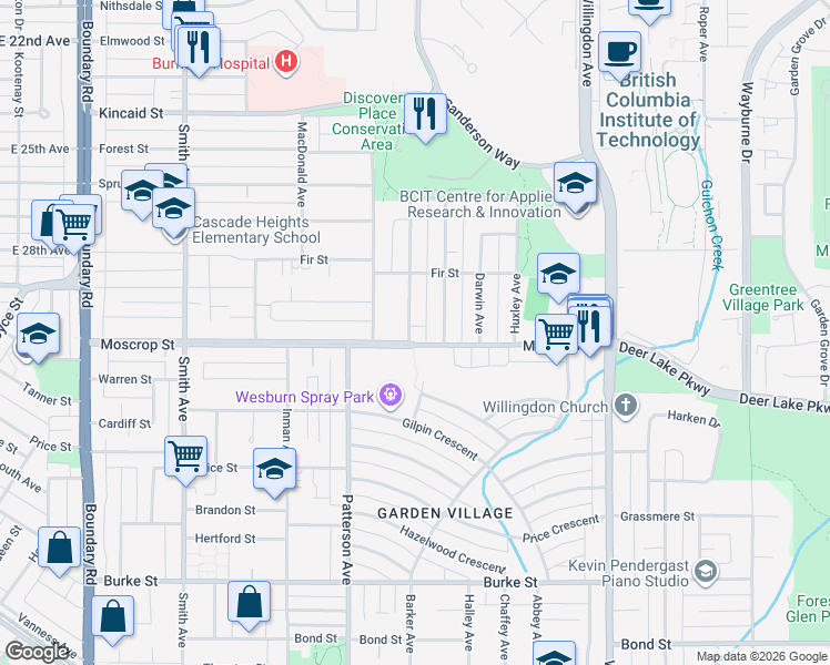 map of restaurants, bars, coffee shops, grocery stores, and more near 4211 Moscrop Street in Burnaby