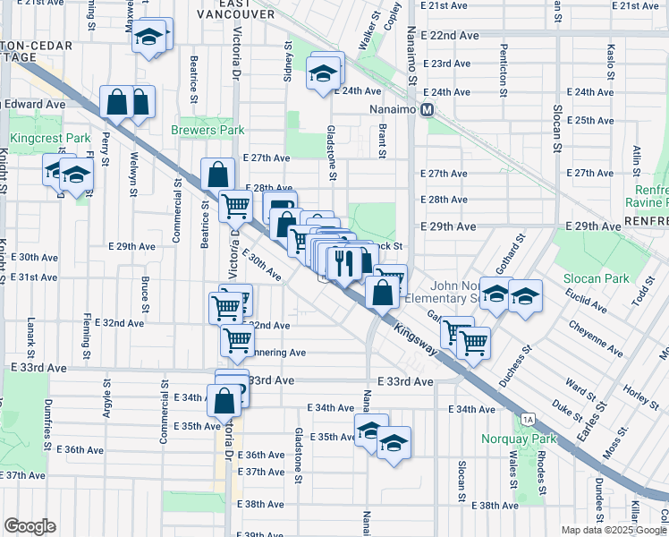 map of restaurants, bars, coffee shops, grocery stores, and more near in Vancouver