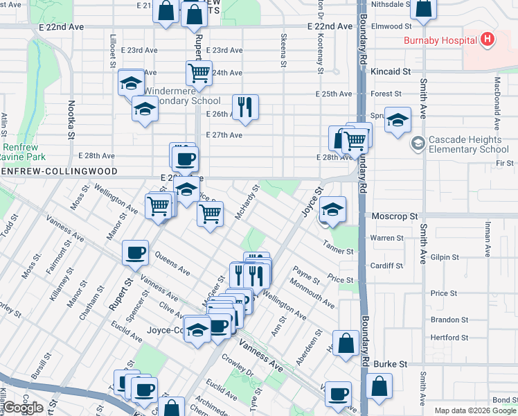 map of restaurants, bars, coffee shops, grocery stores, and more near 3524 Tanner Street in Vancouver