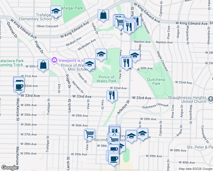 map of restaurants, bars, coffee shops, grocery stores, and more near 2185 West 32nd Avenue in Vancouver