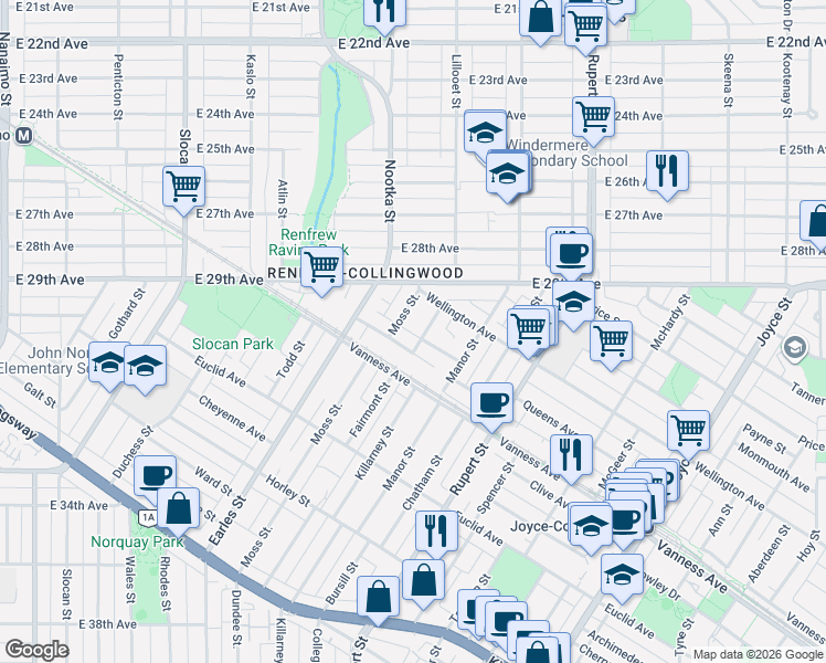 map of restaurants, bars, coffee shops, grocery stores, and more near in Vancouver