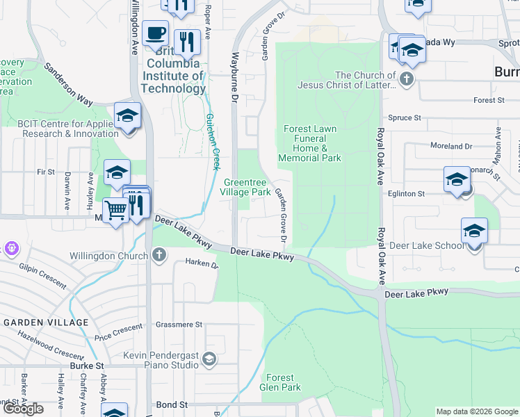 map of restaurants, bars, coffee shops, grocery stores, and more near 4597 Elmgrove Drive in Burnaby