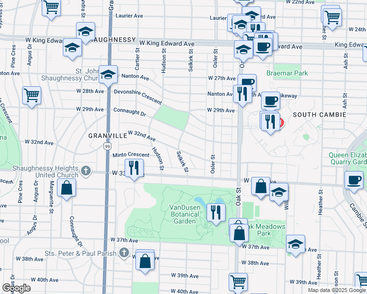 map of restaurants, bars, coffee shops, grocery stores, and more near 1189 West 32nd Avenue in Vancouver