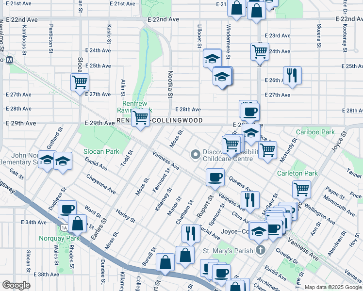 map of restaurants, bars, coffee shops, grocery stores, and more near 4595 Picton Street in Vancouver