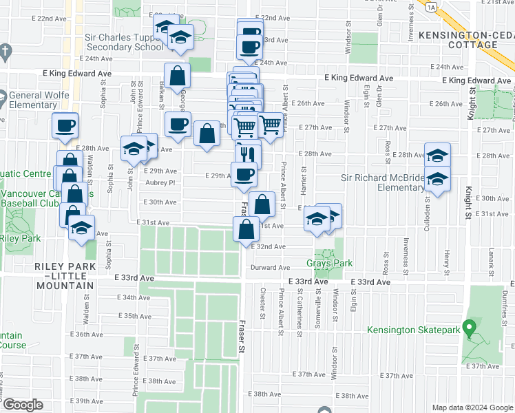 map of restaurants, bars, coffee shops, grocery stores, and more near 720 East 30th Avenue in Vancouver
