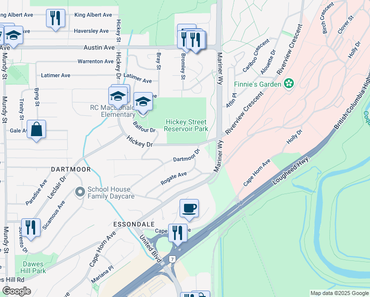 map of restaurants, bars, coffee shops, grocery stores, and more near 313 Hickey Drive in Coquitlam