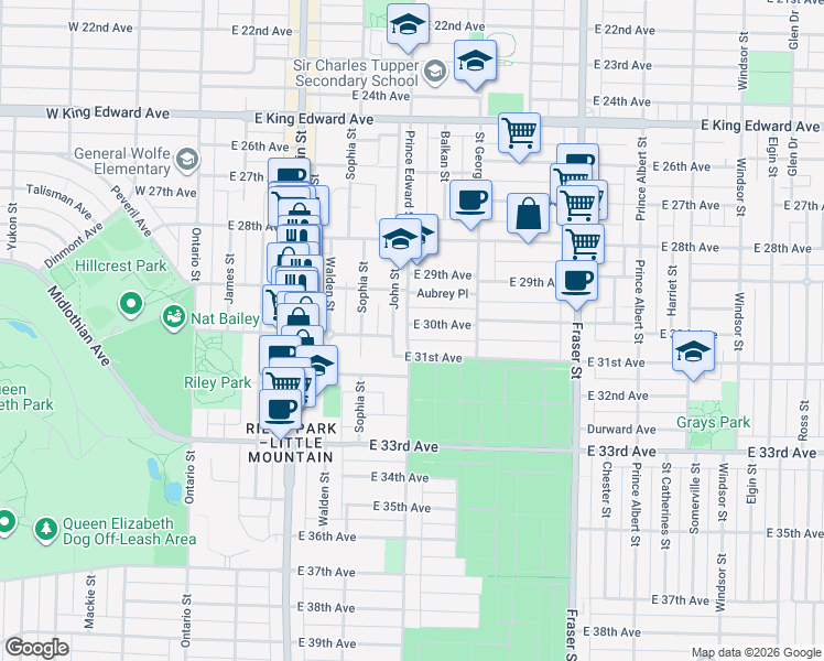 map of restaurants, bars, coffee shops, grocery stores, and more near 402 East 30th Avenue in Vancouver