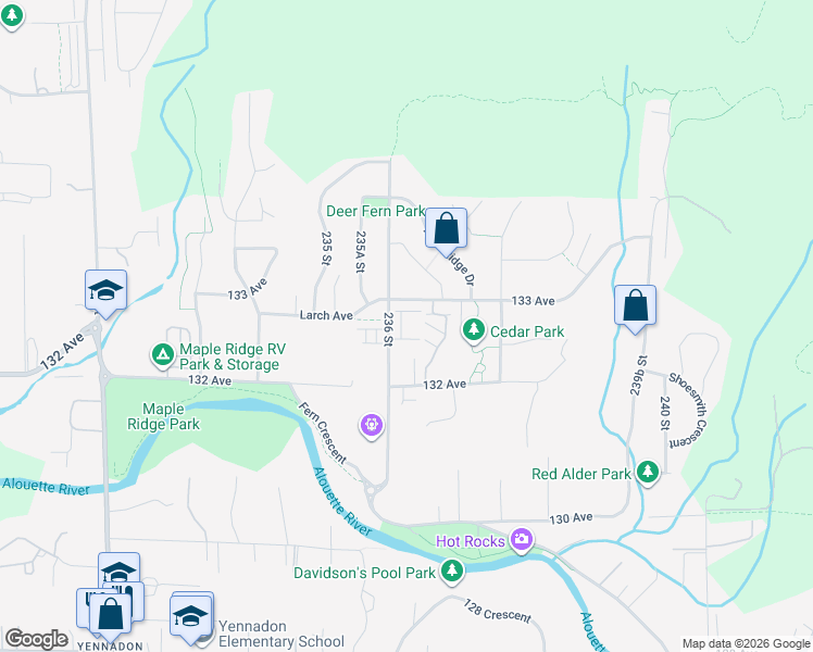 map of restaurants, bars, coffee shops, grocery stores, and more near 13277 236 Street in Maple Ridge