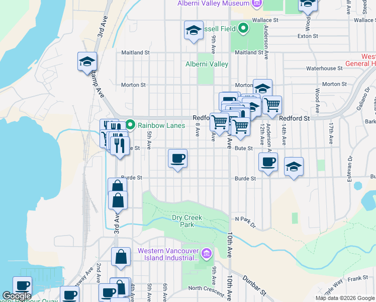 map of restaurants, bars, coffee shops, grocery stores, and more near 4578 Bute Street in Port Alberni