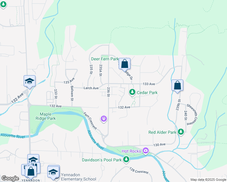 map of restaurants, bars, coffee shops, grocery stores, and more near 13260 236 Street in Maple Ridge
