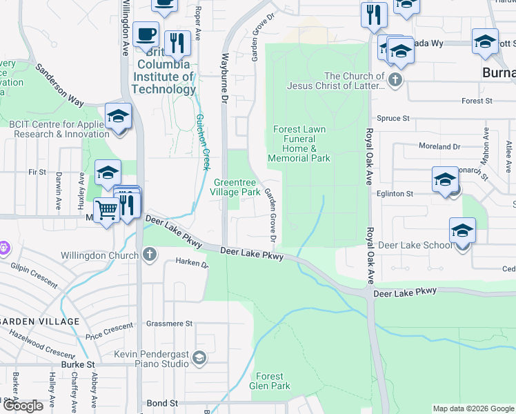 map of restaurants, bars, coffee shops, grocery stores, and more near 4590 Elmgrove Drive in Burnaby
