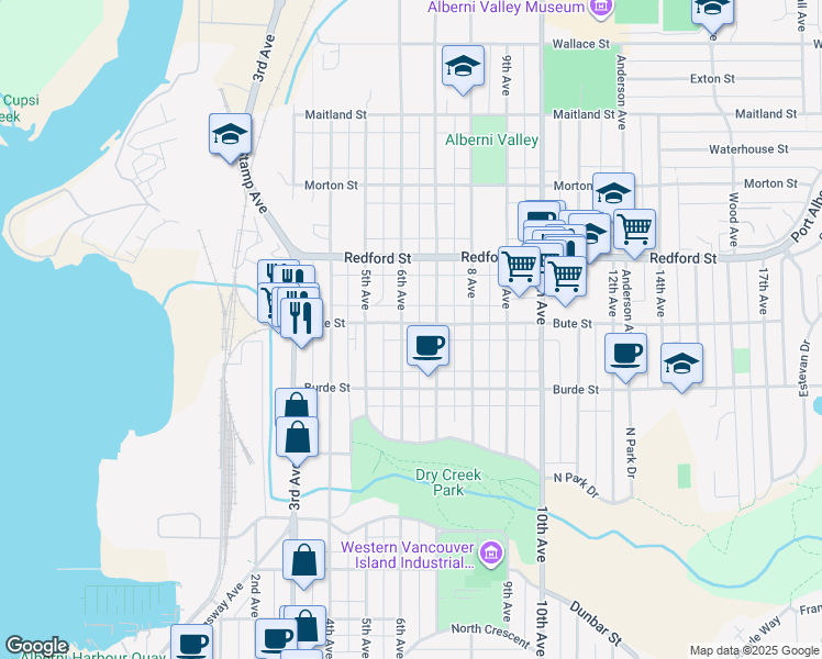 map of restaurants, bars, coffee shops, grocery stores, and more near 4664 Bute Street in Port Alberni