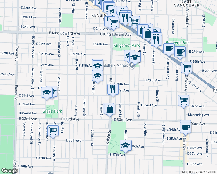 map of restaurants, bars, coffee shops, grocery stores, and more near 4587 Knight Street in Vancouver