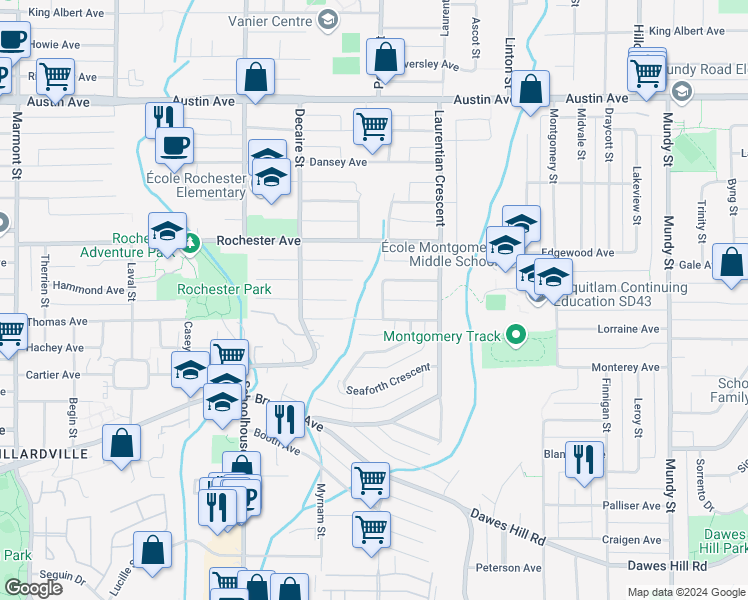 map of restaurants, bars, coffee shops, grocery stores, and more near 360 Duncan Street in Coquitlam