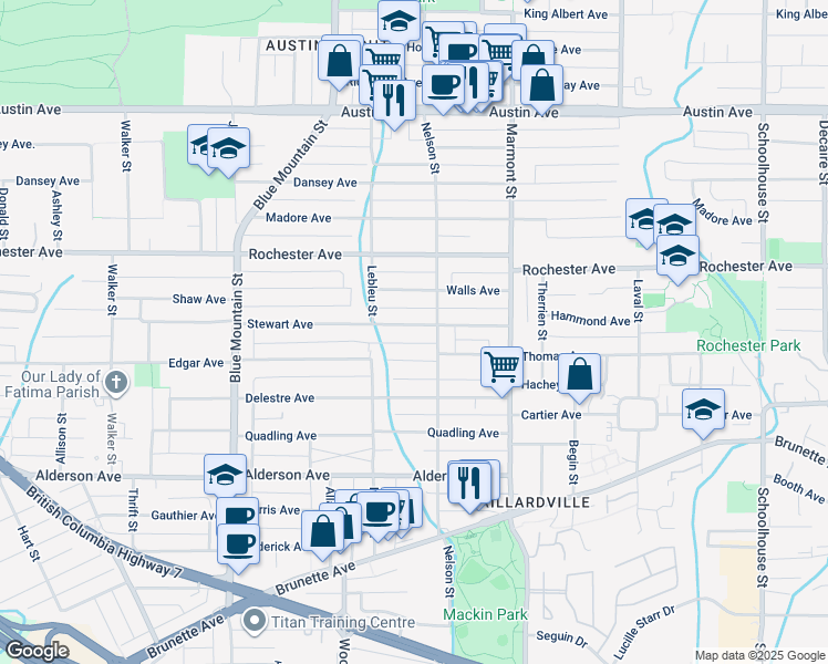 map of restaurants, bars, coffee shops, grocery stores, and more near 1020 Stewart Avenue in Coquitlam