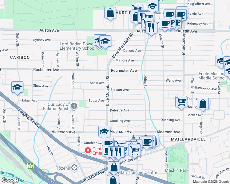 map of restaurants, bars, coffee shops, grocery stores, and more near 912 Stewart Avenue in Coquitlam