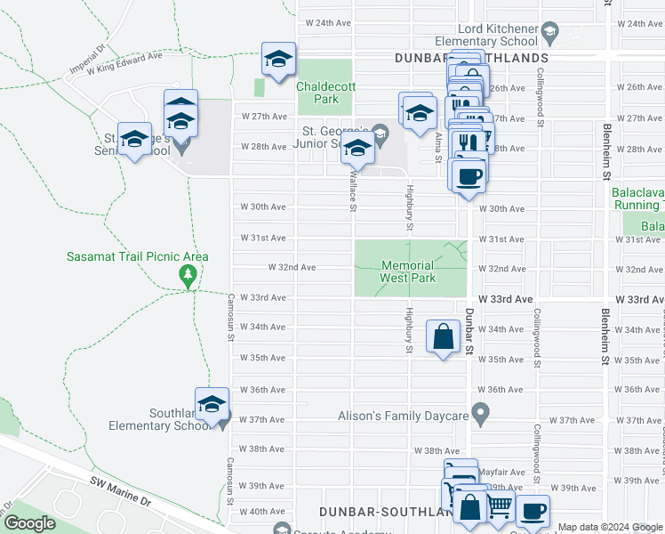 map of restaurants, bars, coffee shops, grocery stores, and more near 3935 West 32nd Avenue in Vancouver