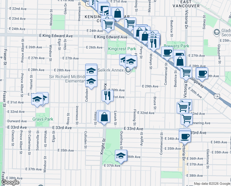 map of restaurants, bars, coffee shops, grocery stores, and more near 1444 East 30th Avenue in Vancouver
