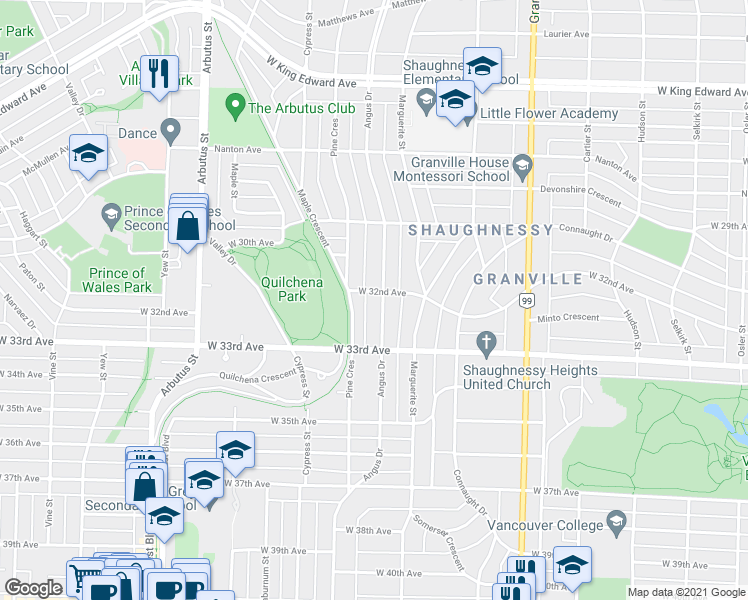 map of restaurants, bars, coffee shops, grocery stores, and more near 4717 Angus Drive in Vancouver