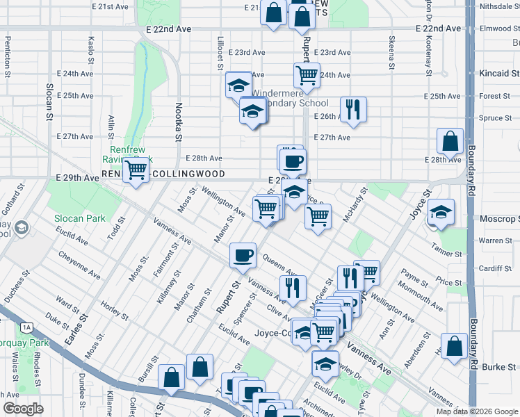map of restaurants, bars, coffee shops, grocery stores, and more near Reid Street in Vancouver