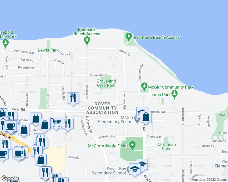 map of restaurants, bars, coffee shops, grocery stores, and more near 6238 Olympia Way in Nanaimo