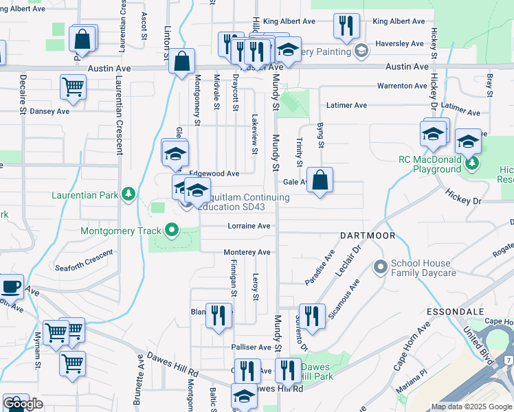 map of restaurants, bars, coffee shops, grocery stores, and more near 2146 Kugler Avenue in Coquitlam
