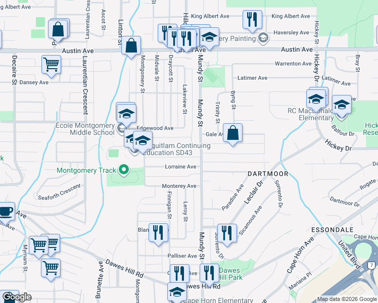 map of restaurants, bars, coffee shops, grocery stores, and more near 2150 Kugler Avenue in Coquitlam